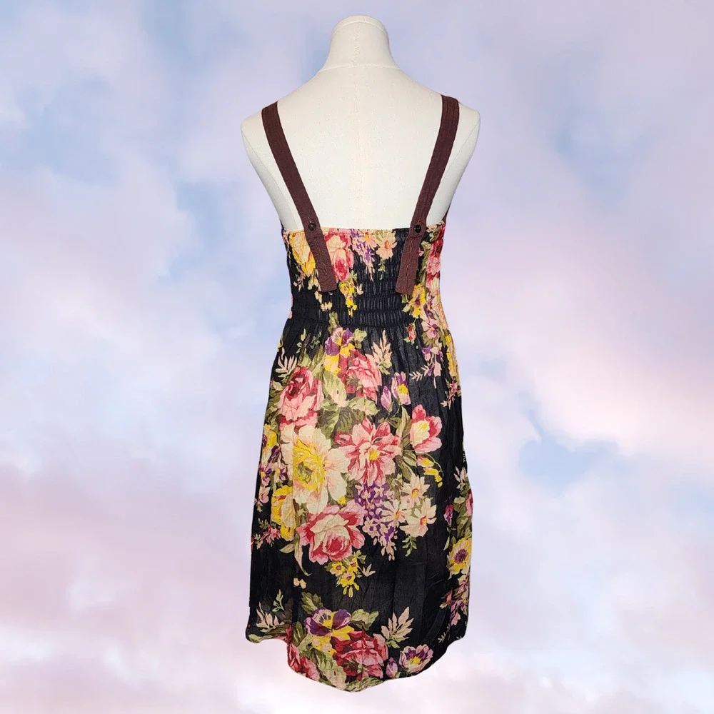 Floral Lightweight V-Neck Black Pink Brown Cream Yellow Sun Tank Summer Dress - Picture 4 of 6